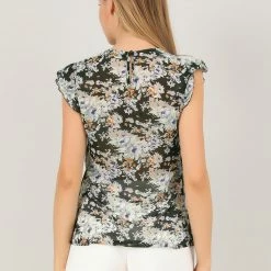 Allegra K Women's Ruffled Cap Sleeve Tops Keyhole V Neck Floral Blouse 14 Allegra K Women's Ruffled Cap Sleeve Tops Keyhole V Neck Floral Blouse