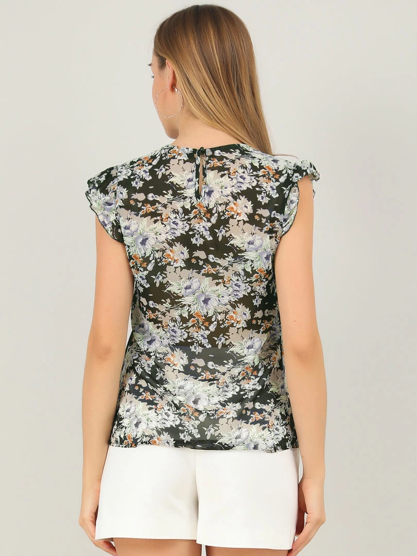 Allegra K Women's Ruffled Cap Sleeve Tops Keyhole V Neck Floral Blouse 8 Allegra K Women's Ruffled Cap Sleeve Tops Keyhole V Neck Floral Blouse