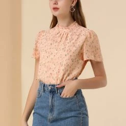 Allegra K Women's Floral Keyhole Back Ruffle Neck Chiffon Blouse Tops