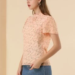 Allegra K Women's Floral Keyhole Back Ruffle Neck Chiffon Blouse Tops