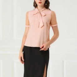 Allegra K Women's Bow Tie Neck V Neck Stand Collar Short Mesh Sleeve Blouse