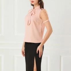 Allegra K Women's Bow Tie Neck V Neck Stand Collar Short Mesh Sleeve Blouse