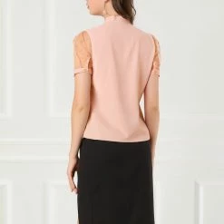 Allegra K Women's Bow Tie Neck V Neck Stand Collar Short Mesh Sleeve Blouse