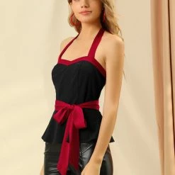 Allegra K Women's Sleeveless V Neck Tie Waist Peplum Top