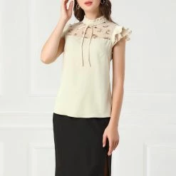 Allegra K Women's Elegant Work Tie Ruffle Stand Collar Top Contrast Lace Panel Short Sleeve Blouse 12 Allegra K Women's Elegant Work Tie Ruffle Stand Collar Top Contrast Lace Panel Short Sleeve Blouse