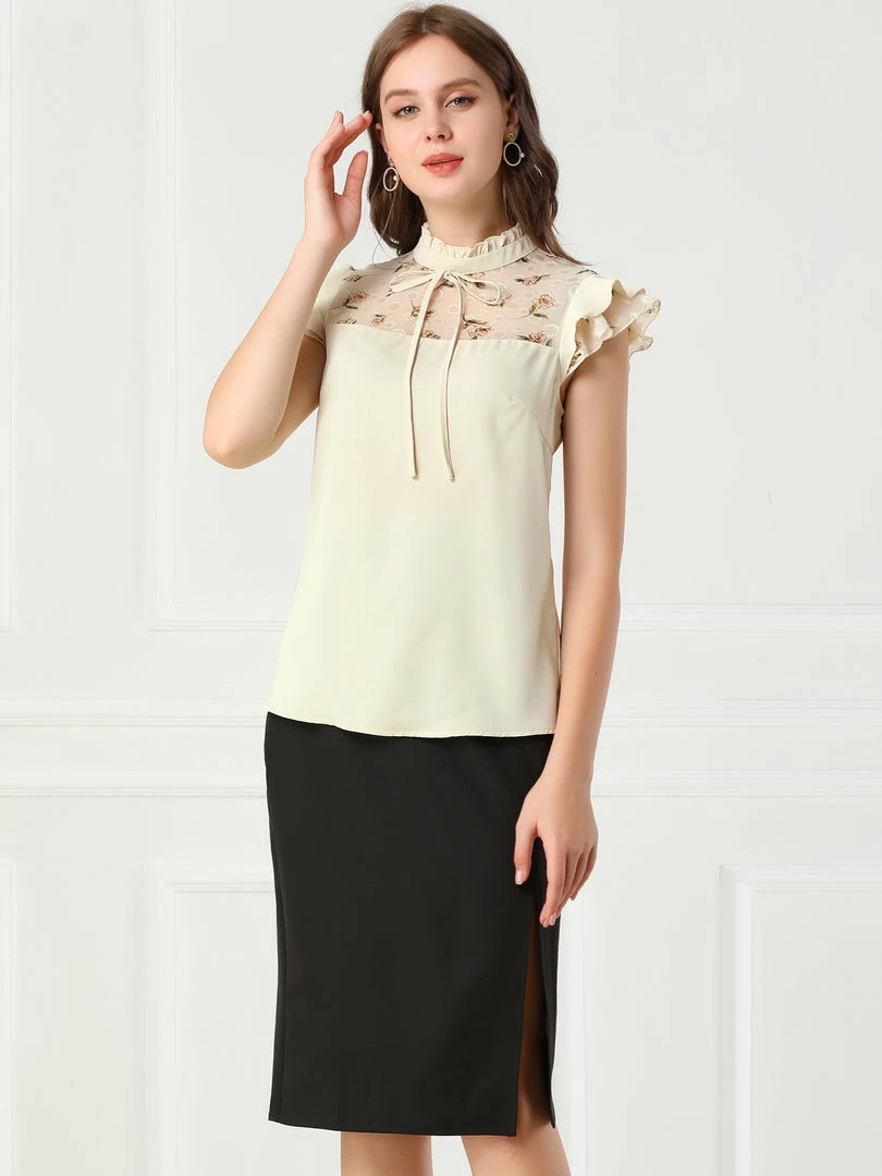 Allegra K Women's Elegant Work Tie Ruffle Stand Collar Top Contrast Lace Panel Short Sleeve Blouse 6 Allegra K Women's Elegant Work Tie Ruffle Stand Collar Top Contrast Lace Panel Short Sleeve Blouse