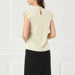 Allegra K Women's Elegant Work Tie Ruffle Stand Collar Top Contrast Lace Panel Short Sleeve Blouse 14 Allegra K Women's Elegant Work Tie Ruffle Stand Collar Top Contrast Lace Panel Short Sleeve Blouse