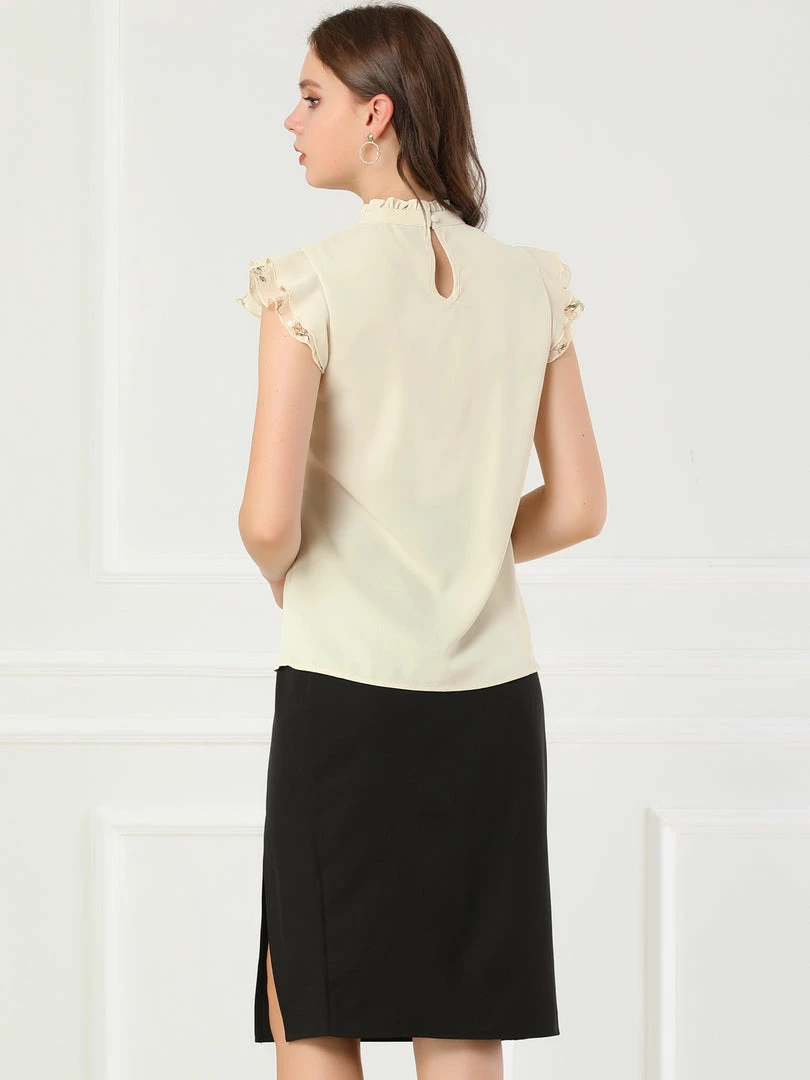 Allegra K Women's Elegant Work Tie Ruffle Stand Collar Top Contrast Lace Panel Short Sleeve Blouse 8 Allegra K Women's Elegant Work Tie Ruffle Stand Collar Top Contrast Lace Panel Short Sleeve Blouse