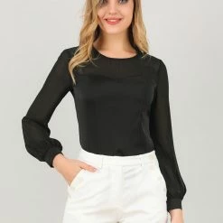 Allegra K Women's Elegant Round Neck Lantern Sleeve Chiffon Satin Blouse