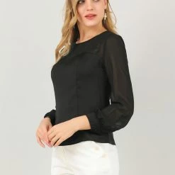 Allegra K Women's Elegant Round Neck Lantern Sleeve Chiffon Satin Blouse