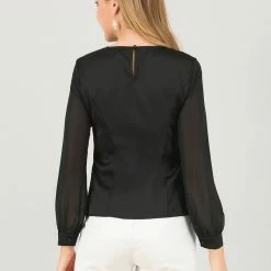 Allegra K Women's Elegant Round Neck Lantern Sleeve Chiffon Satin Blouse