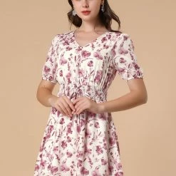Allegra K Women's Floral Puff Short Dress V Neck Smocked Tie Summer Dresses