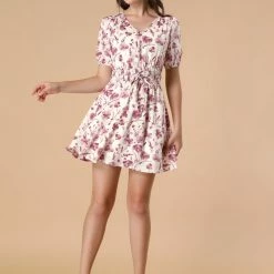 Allegra K Women's Floral Puff Short Dress V Neck Smocked Tie Summer Dresses