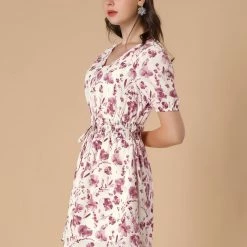 Allegra K Women's Floral Puff Short Dress V Neck Smocked Tie Summer Dresses