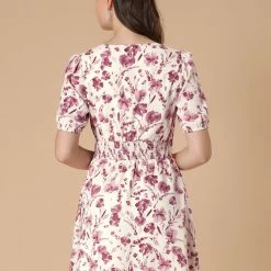 Allegra K Women's Floral Puff Short Dress V Neck Smocked Tie Summer Dresses