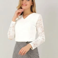 Allegra K Women's V Neck Floral Top Casual Relax Long Sleeve Lace Blouse 23 Allegra K Women's V Neck Floral Top Casual Relax Long Sleeve Lace Blouse