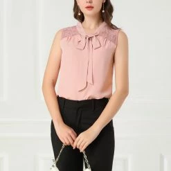 Allegra K Women's Bow Tie Neck Blouse Sleeveless Lace Casual Office Work Shirt Business Tops