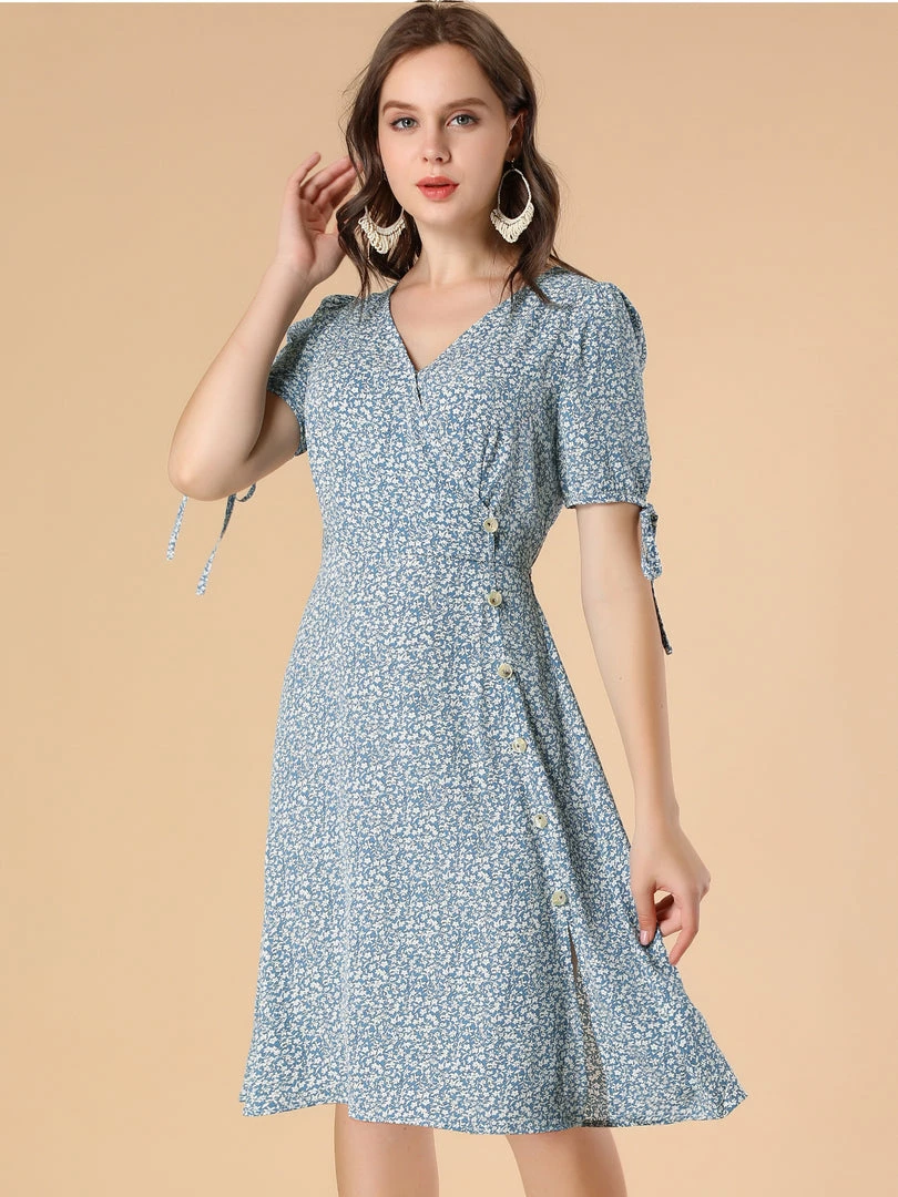 Allegra K Women's Ditsy Floral Tie Lace-up Short Sleeve A-line V-Neck Chiffon Dress 5 Allegra K Women's Ditsy Floral Tie Lace-up Short Sleeve A-line V-Neck Chiffon Dress