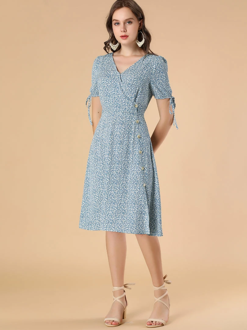 Allegra K Women's Ditsy Floral Tie Lace-up Short Sleeve A-line V-Neck Chiffon Dress 6 Allegra K Women's Ditsy Floral Tie Lace-up Short Sleeve A-line V-Neck Chiffon Dress