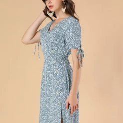 Allegra K Women's Ditsy Floral Tie Lace-up Short Sleeve A-line V-Neck Chiffon Dress 13 Allegra K Women's Ditsy Floral Tie Lace-up Short Sleeve A-line V-Neck Chiffon Dress