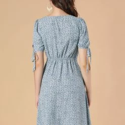 Allegra K Women's Ditsy Floral Tie Lace-up Short Sleeve A-line V-Neck Chiffon Dress 14 Allegra K Women's Ditsy Floral Tie Lace-up Short Sleeve A-line V-Neck Chiffon Dress