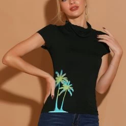 Allegra K Women's Casual High Neck Short Sleeve Summer Stretch T-shirt