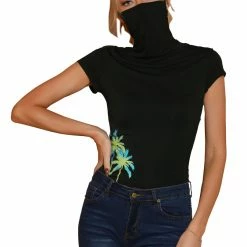 Allegra K Women's Casual High Neck Short Sleeve Summer Stretch T-shirt