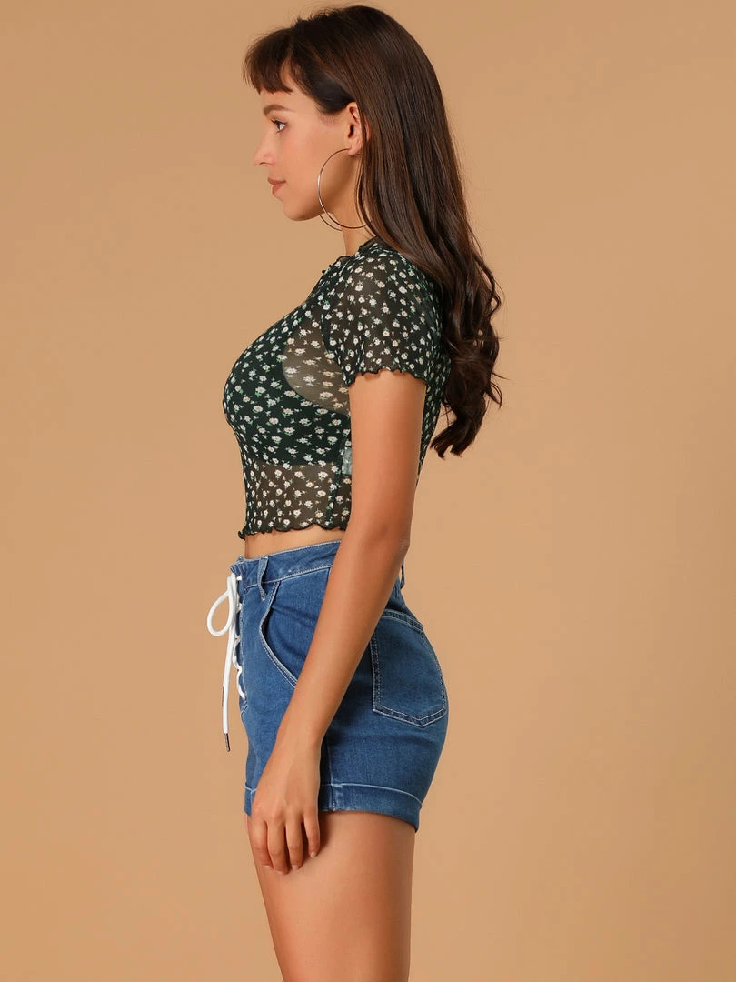 Allegra K Women's Daisy Floral Blouse Casual Ruffle Neckline Crop Tops 7 Allegra K Women's Daisy Floral Blouse Casual Ruffle Neckline Crop Tops