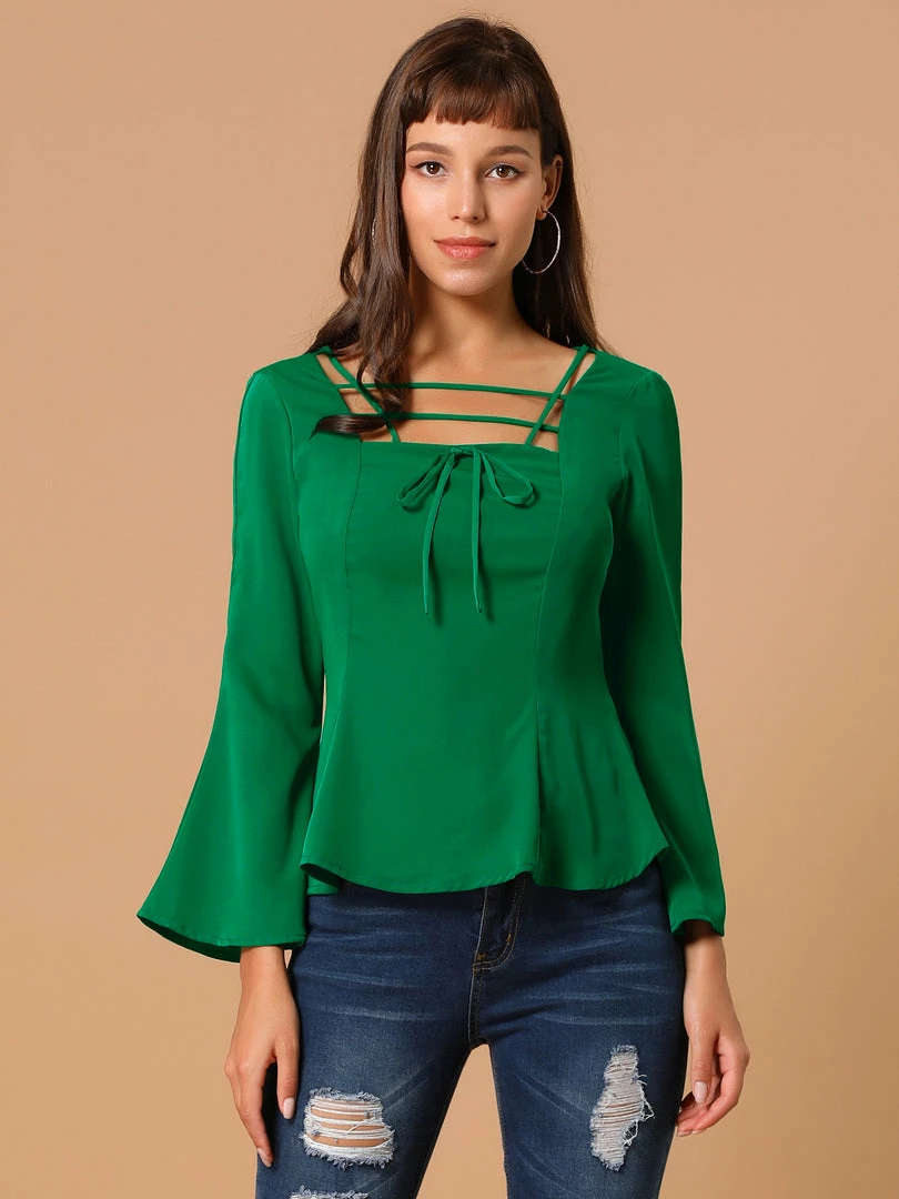Allegra K Women's Square Neck Bell Sleeve Chiffon Criss Cross Peplum Top 5 Allegra K Women's Square Neck Bell Sleeve Chiffon Criss Cross Peplum Top