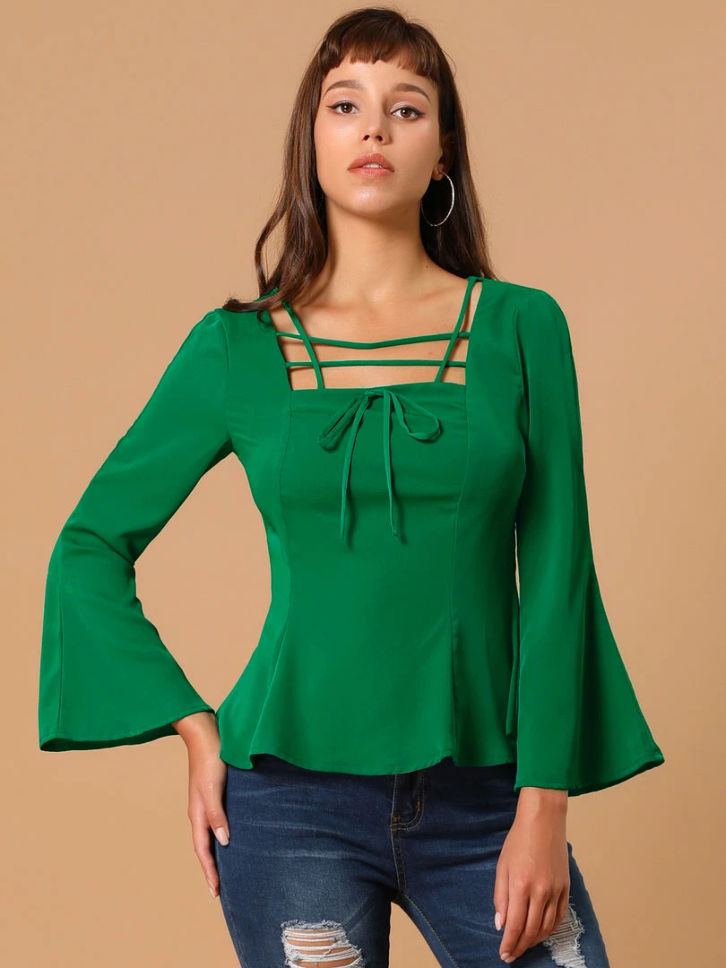 Allegra K Women's Square Neck Bell Sleeve Chiffon Criss Cross Peplum Top 6 Allegra K Women's Square Neck Bell Sleeve Chiffon Criss Cross Peplum Top