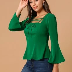 Allegra K Women's Square Neck Bell Sleeve Chiffon Criss Cross Peplum Top 13 Allegra K Women's Square Neck Bell Sleeve Chiffon Criss Cross Peplum Top