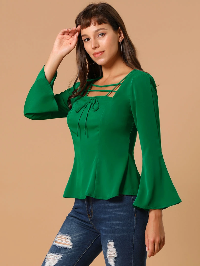 Allegra K Women's Square Neck Bell Sleeve Chiffon Criss Cross Peplum Top 7 Allegra K Women's Square Neck Bell Sleeve Chiffon Criss Cross Peplum Top