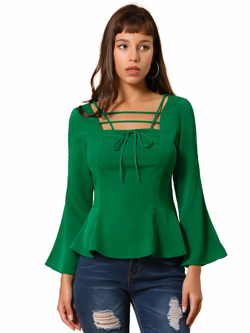 Allegra K Women's Square Neck Bell Sleeve Chiffon Criss Cross Peplum Top 4 Allegra K Women's Square Neck Bell Sleeve Chiffon Criss Cross Peplum Top