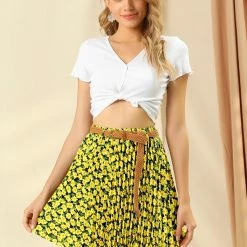 Allegra K Women's Vintage Mini A-Line Elastic Waist With Belt Floral Pleat Skater Skirt