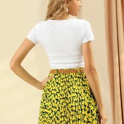 Allegra K Women's Vintage Mini A-Line Elastic Waist With Belt Floral Pleat Skater Skirt