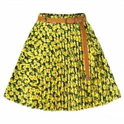 Allegra K Women's Vintage Mini A-Line Elastic Waist With Belt Floral Pleat Skater Skirt