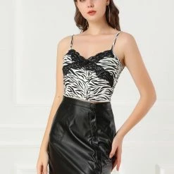 Allegra K Women’s Lace Trim V Neck Sleeveless Zebra Print Crop Cami Top