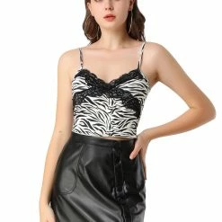 Allegra K Women’s Lace Trim V Neck Sleeveless Zebra Print Crop Cami Top