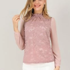 Allegra K Women's Sheer Long Sleeves Ruffle Neck Flower Embroidery Lace Top