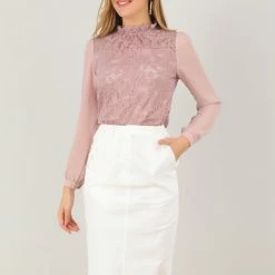 Allegra K Women's Sheer Long Sleeves Ruffle Neck Flower Embroidery Lace Top