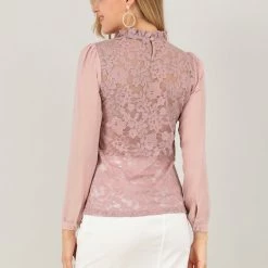 Allegra K Women's Sheer Long Sleeves Ruffle Neck Flower Embroidery Lace Top