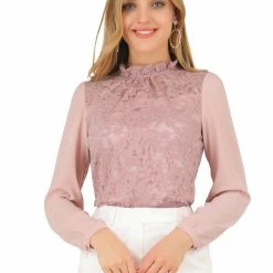 Allegra K Women's Sheer Long Sleeves Ruffle Neck Flower Embroidery Lace Top