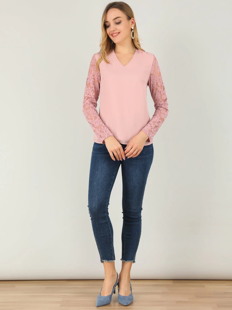 Allegra K Women's V Neck Floral Top Casual Relax Long Sleeve Lace Blouse 6 Allegra K Women's V Neck Floral Top Casual Relax Long Sleeve Lace Blouse