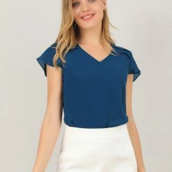 Allegra K Women's Summer Chiffon Blouse Pleat V Neck Cap Sleeve Semi Sheer Top Shirt