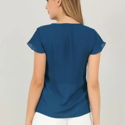 Allegra K Women's Summer Chiffon Blouse Pleat V Neck Cap Sleeve Semi Sheer Top Shirt