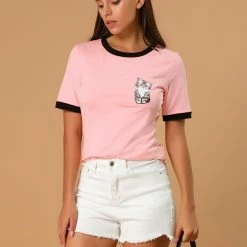 Allegra K Women's Cotton Cat Print Color Block Short Sleeve Top T-Shirt 35 Allegra K Women's Cotton Cat Print Color Block Short Sleeve Top T-Shirt