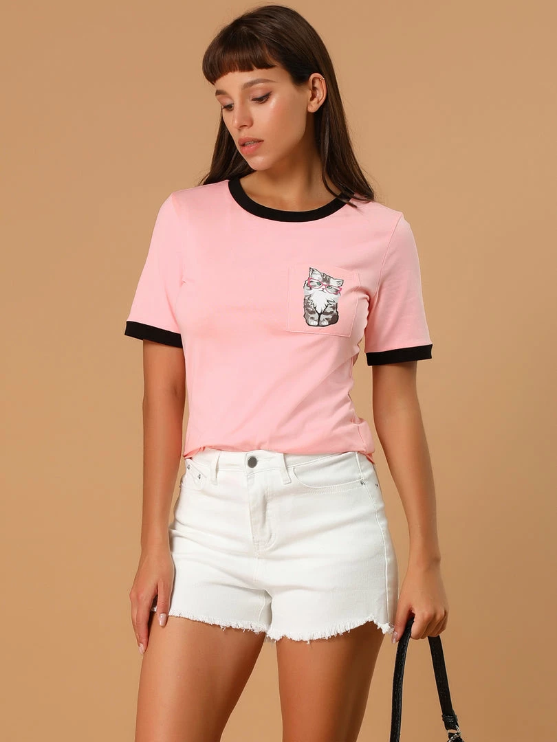 Allegra K Women's Cotton Cat Print Color Block Short Sleeve Top T-Shirt 11 Allegra K Women's Cotton Cat Print Color Block Short Sleeve Top T-Shirt