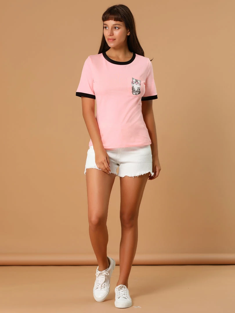 Allegra K Women's Cotton Cat Print Color Block Short Sleeve Top T-Shirt 12 Allegra K Women's Cotton Cat Print Color Block Short Sleeve Top T-Shirt