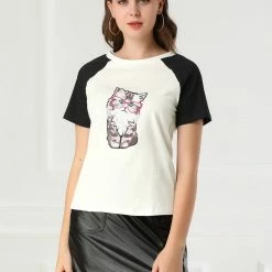 Allegra K Women's Summer Casual Short Sleeve Cartoon Cat Print T-shirt Tee 41 Allegra K Women's Summer Casual Short Sleeve Cartoon Cat Print T-shirt Tee