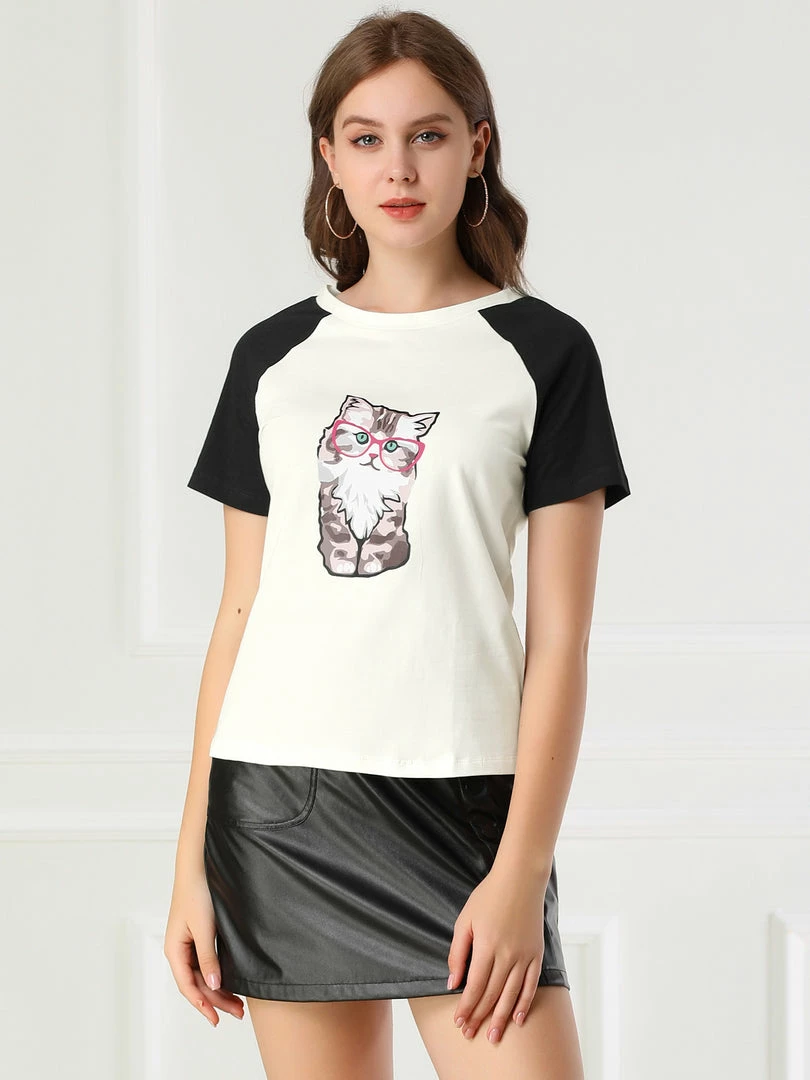 Allegra K Women's Summer Casual Short Sleeve Cartoon Cat Print T-shirt Tee 17 Allegra K Women's Summer Casual Short Sleeve Cartoon Cat Print T-shirt Tee